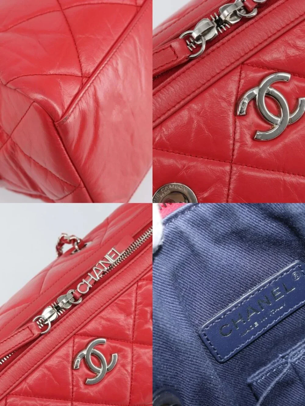 CHANEL Chain Boston Bag Leather 2way Red Silver CC Auth 169810SAM